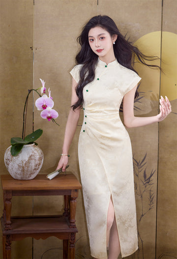 Ivory Jacquard Floral Qipao with Green Buttons
