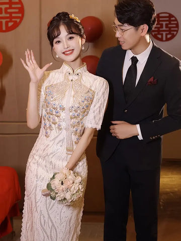 Ivory Sequin pheonxi bridal Cheongsam Qipao Dress