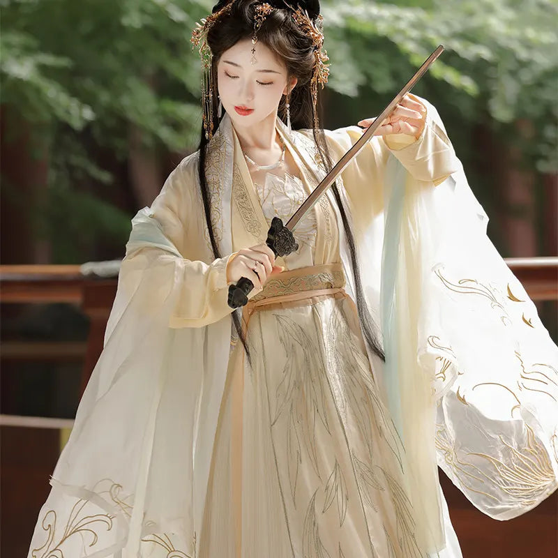 Ivory White with Golden Embroider Song Dynasty Hanfu Dress Set, M Ivory White with Golden Embroider Song Dynasty Hanfu Dress Set, M
