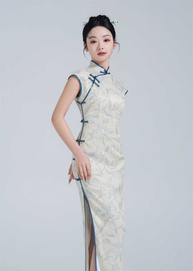 mordernised light blue qipao sleeveless qipao dress
