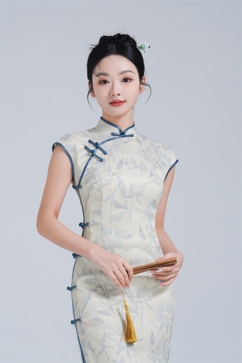 cap sleeves chinese qi pao dress in light white and blue