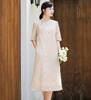 Light Apricot Embroidered Ramie Loose Qipao Dress