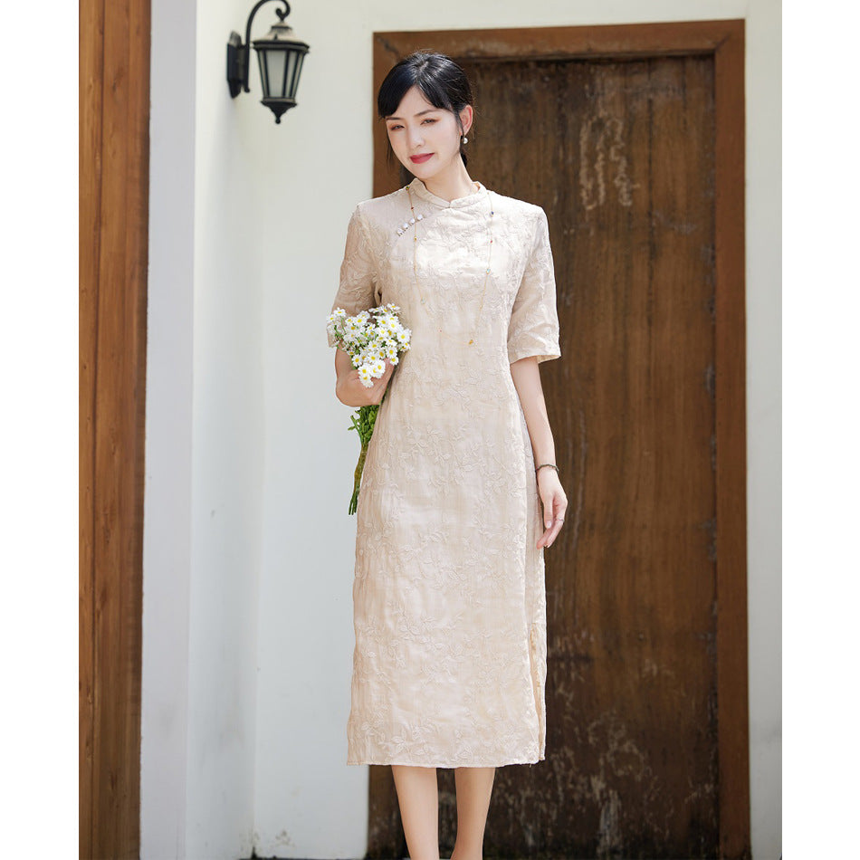 Light Apricot Embroidered Ramie Modern Loose cheongsam Dress