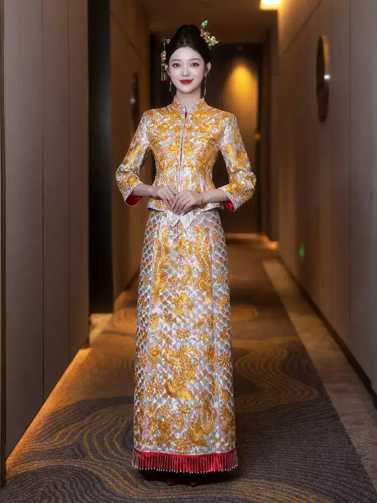 gold chinese wedding dress Chinese Traditional Gold Dragon Phoenix Wedding Bridal Dress Banquet Men Women Couple Vintage Style Oriental
