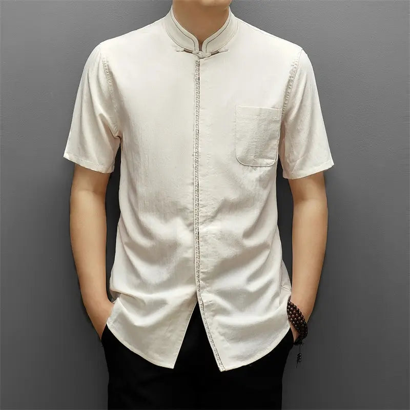 chinese collar dress shirts Men's Short-Sleeve Mandarin Collar Tang Shirt, Beige / L/40/175