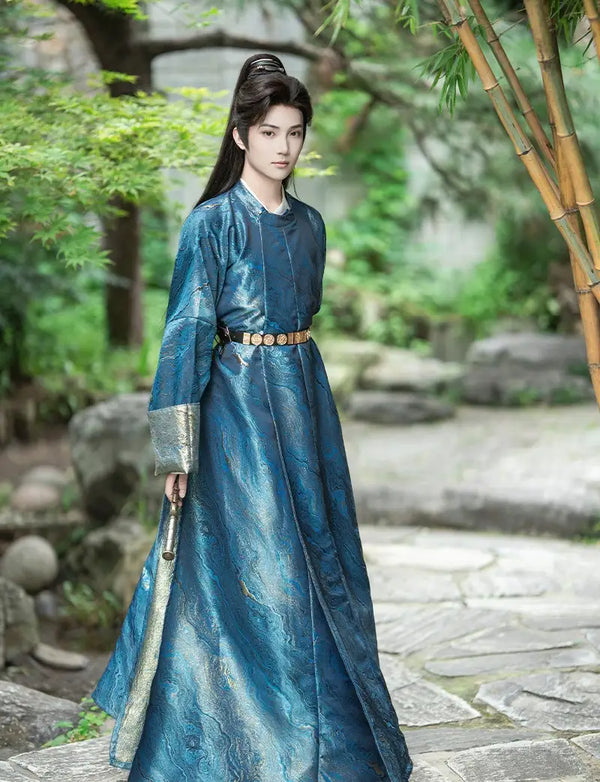 chinese Men’s Tang Dynasty Round-Collar blue Brocade Hanfu Robe