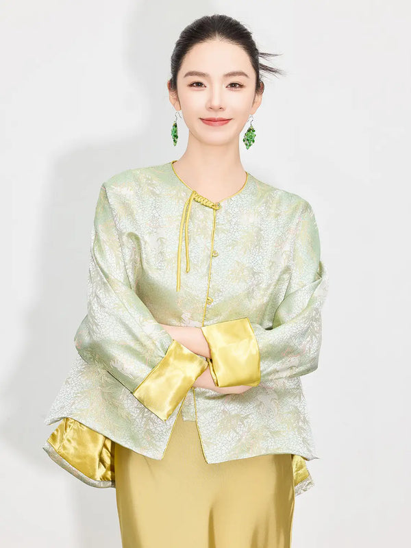 Modern Chinese Style- Green Jacquard Top and Golden Olive Skirt