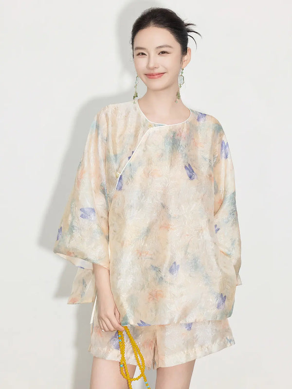 New Chinese Style - Light Beige Asymmetrical Top & Elastic Waist Shorts