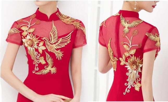 Red chinese wedding mermaid cheongsam Dress with Golden Bird  and Flowers