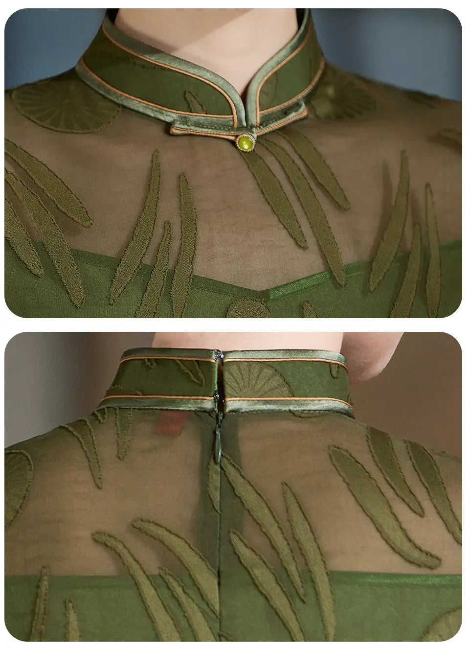 Modernes olivgrünes transparentes Qipao-Cheongsam-Kleid