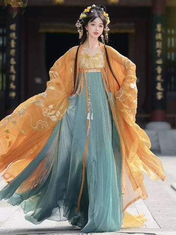 Robe Hanfu dynastique Tang turquoise doré/rose | Soulbound