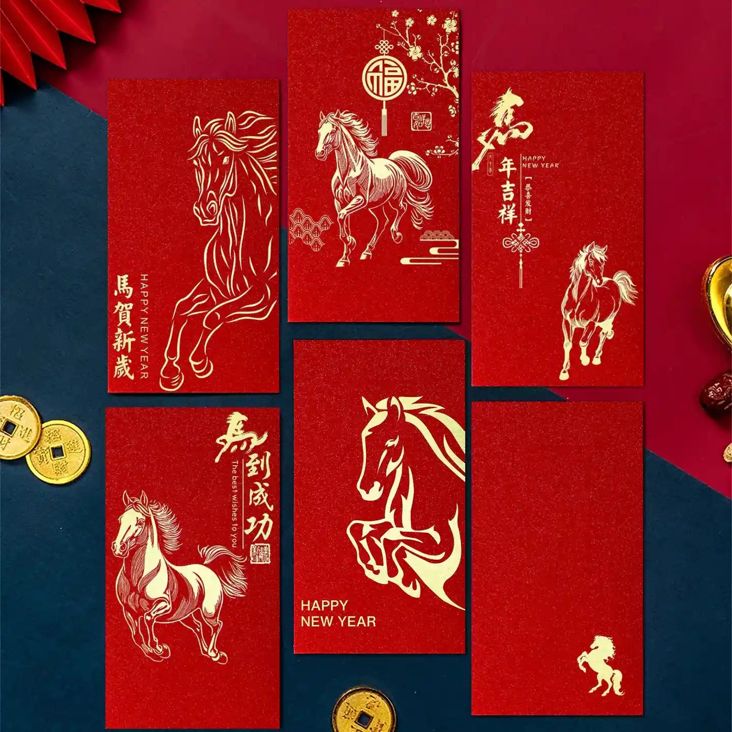 Personalizable Year of Horse 2026 Red Envelopes Lucky Money Packets (6Pcs)