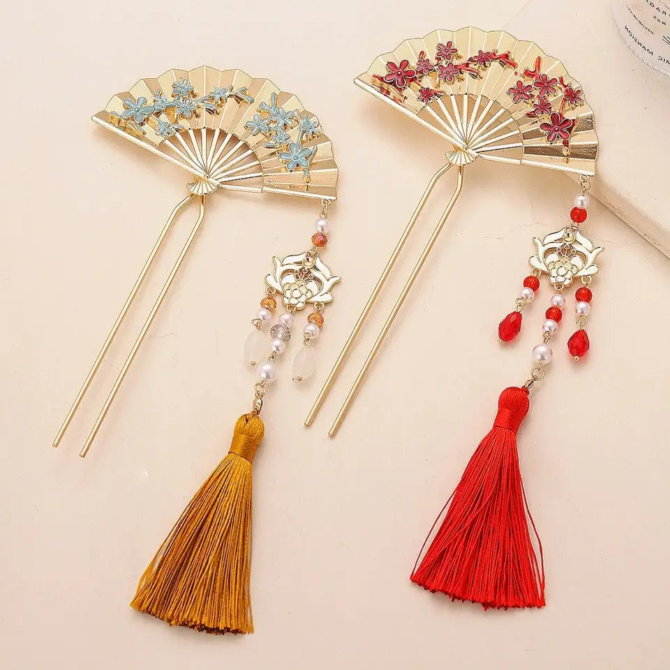 Gold & Red Oriental Fan Hairpin With Tassel