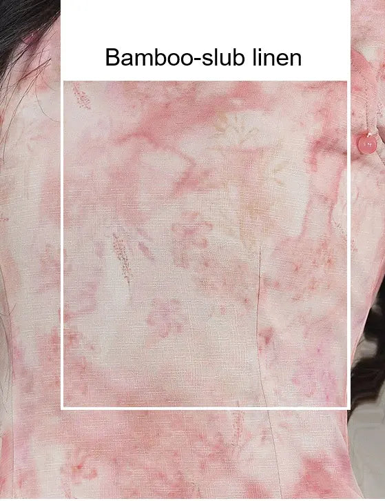 Close-up of pink and white bamboo-slab linen fabric.