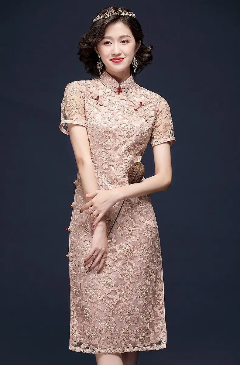 Pink Lace  Cheongsam Qipao Dress