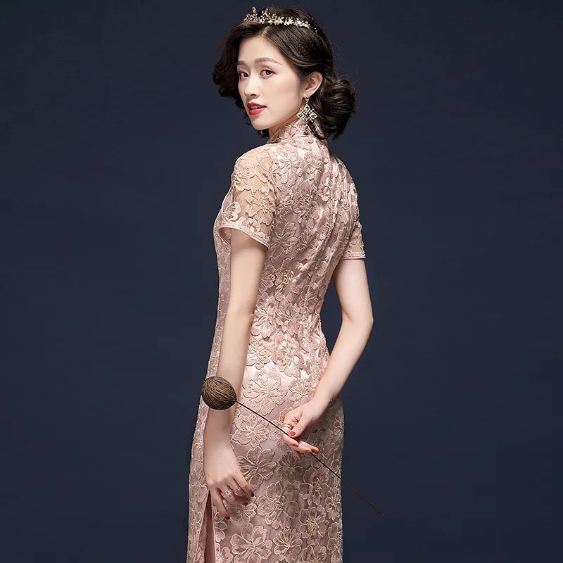 Pink Lace  Cheongsam Qipao Dress