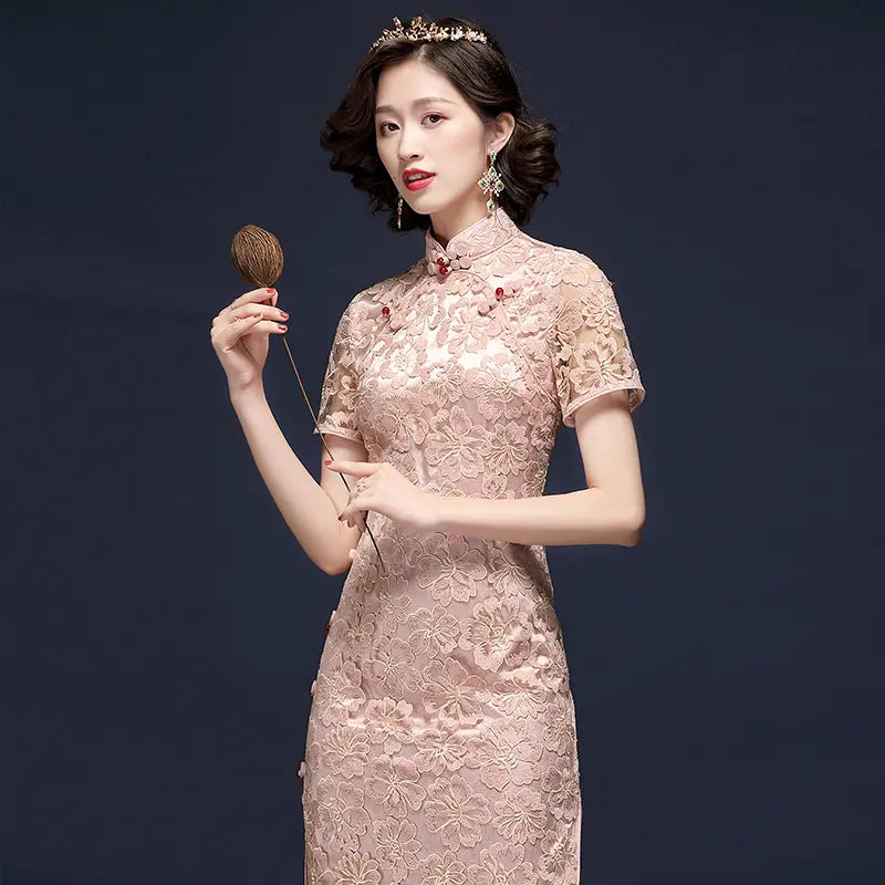 Pink Lace  Cheongsam Qipao Dress