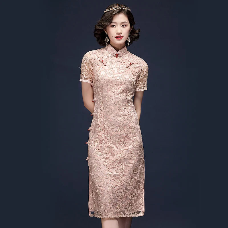 Pink Lace  Cheongsam Qipao Dress
