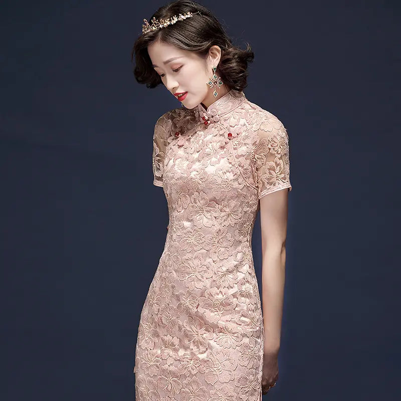 Pink Lace  Cheongsam Qipao Dress