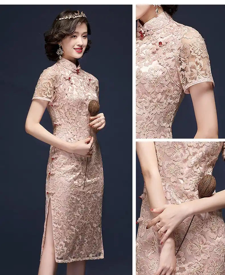 Pink Lace  Cheongsam Qipao Dress