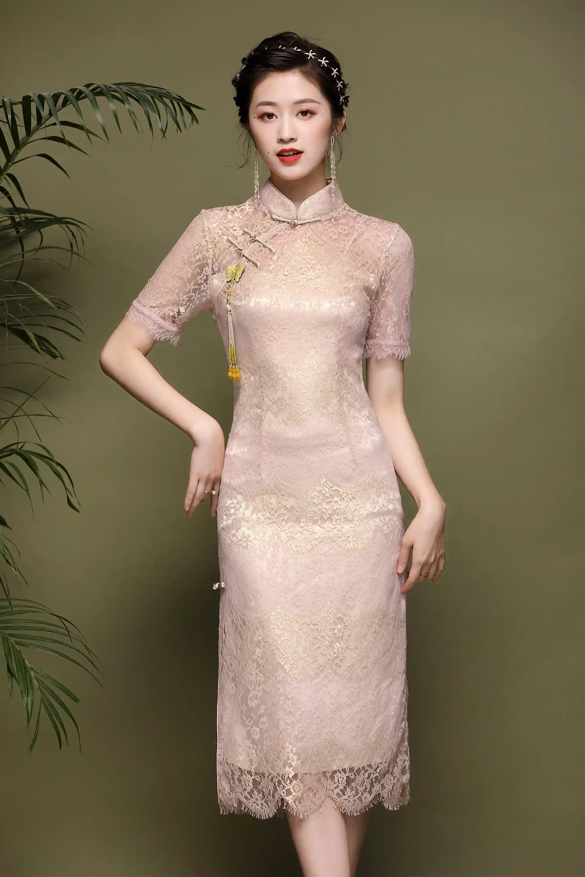 Pink Lace Cheongsam Qipao Dress| Rose Gold Pink Lace Cheongsam Qipao Dress| Rose Gold