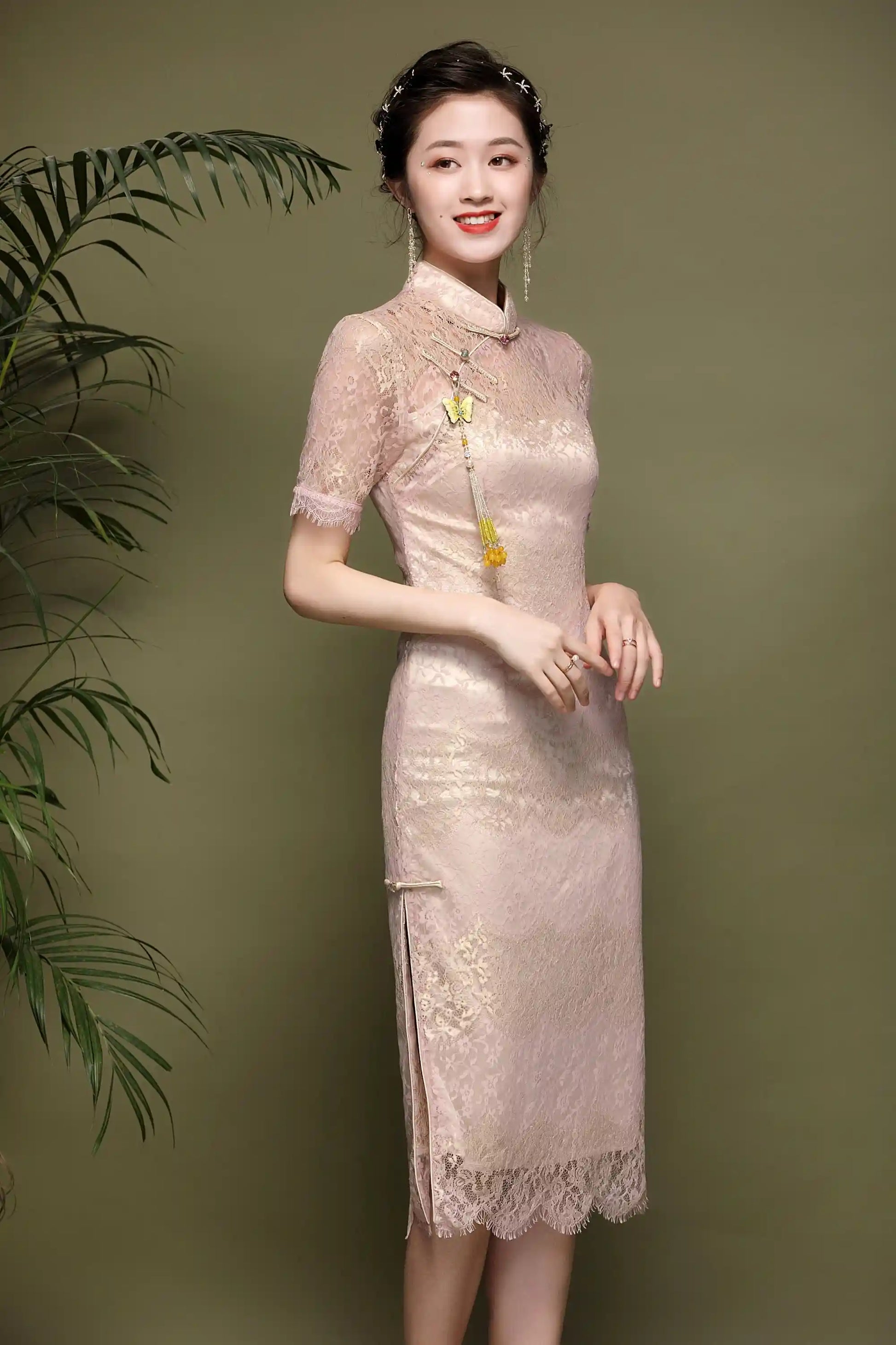 Pink Lace  Cheongsam Qipao Dress| Rose Gold
