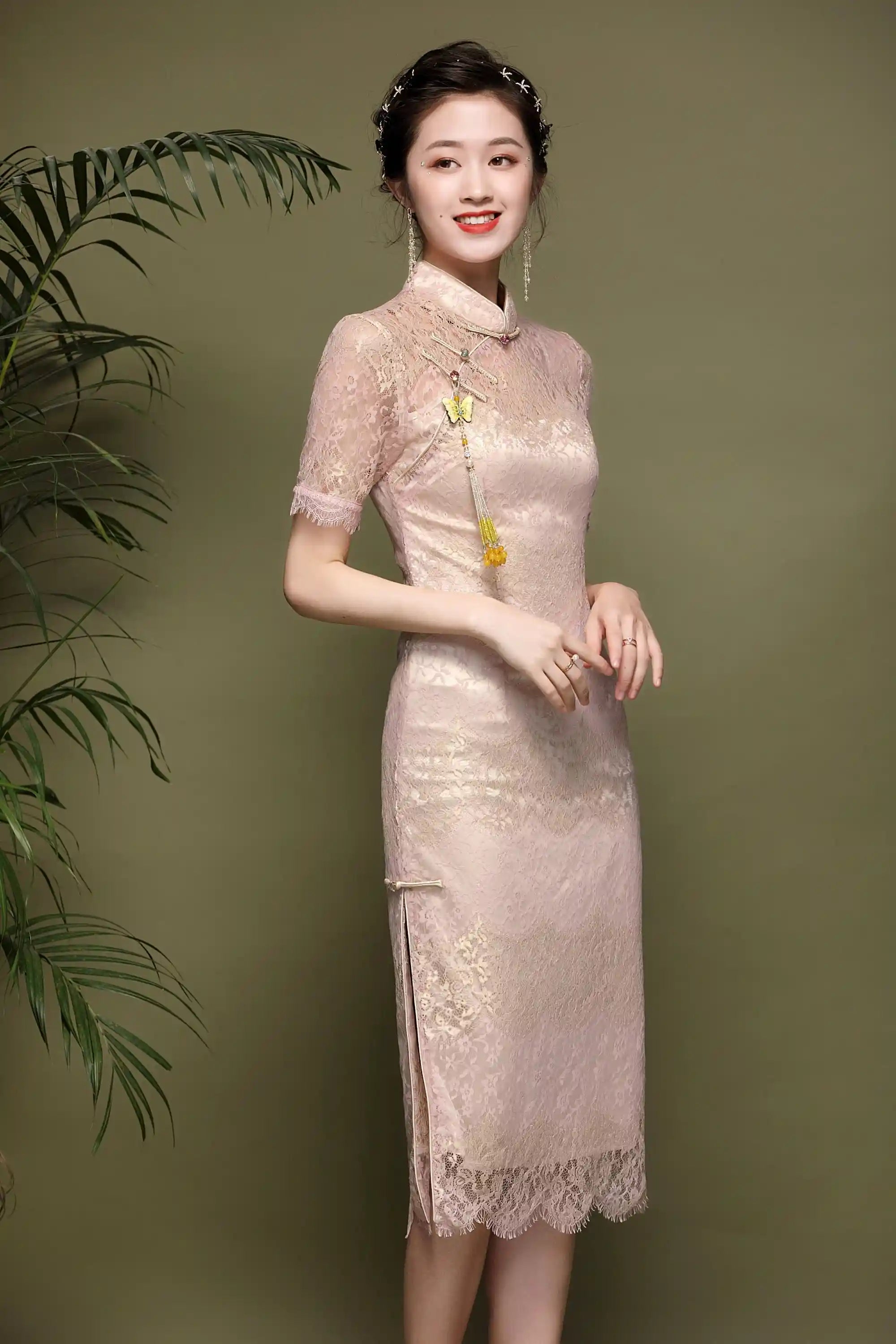 Pink Lace  Cheongsam Qipao Dress| Rose Gold