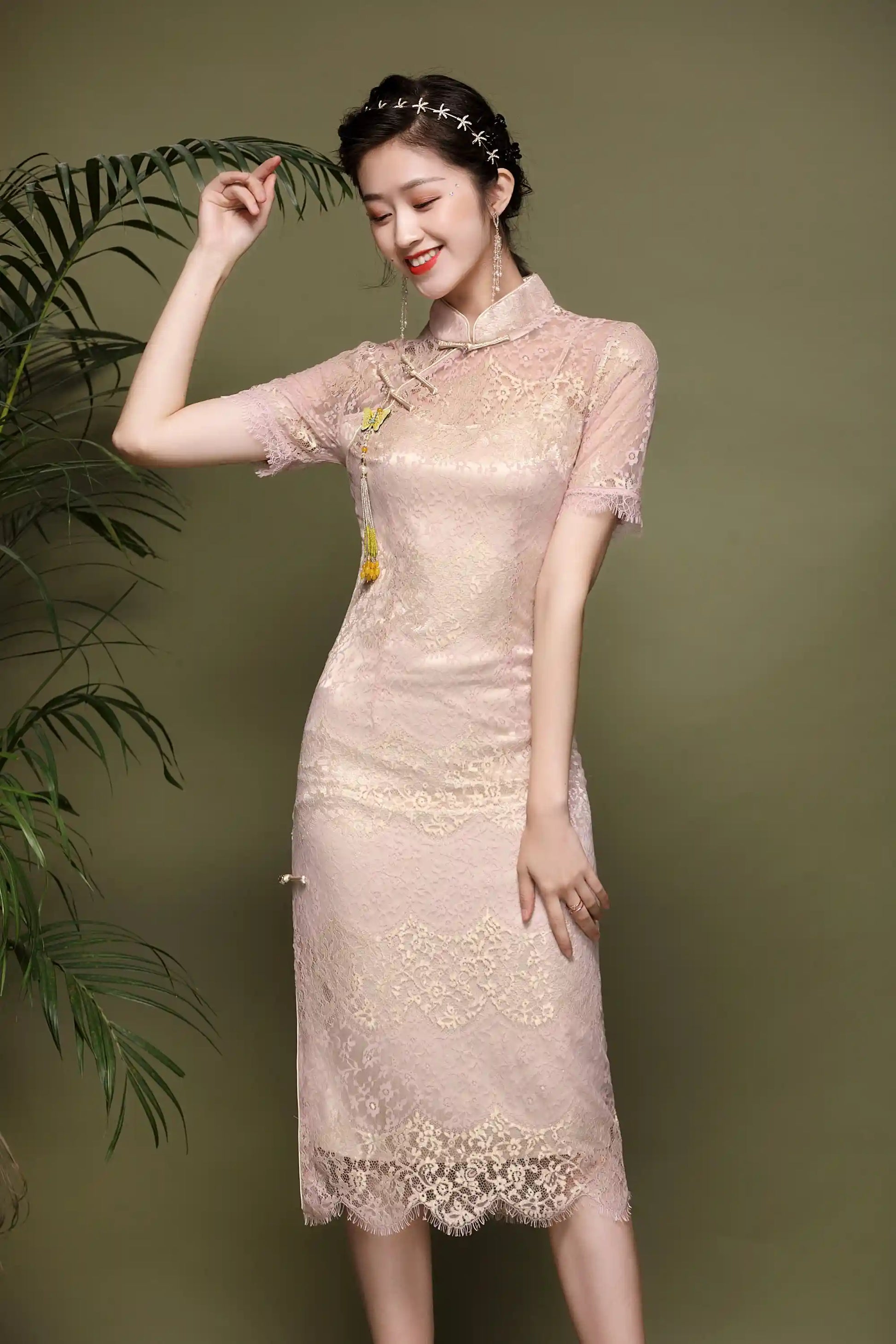 Pink Lace  Cheongsam Qipao Dress| Rose Gold