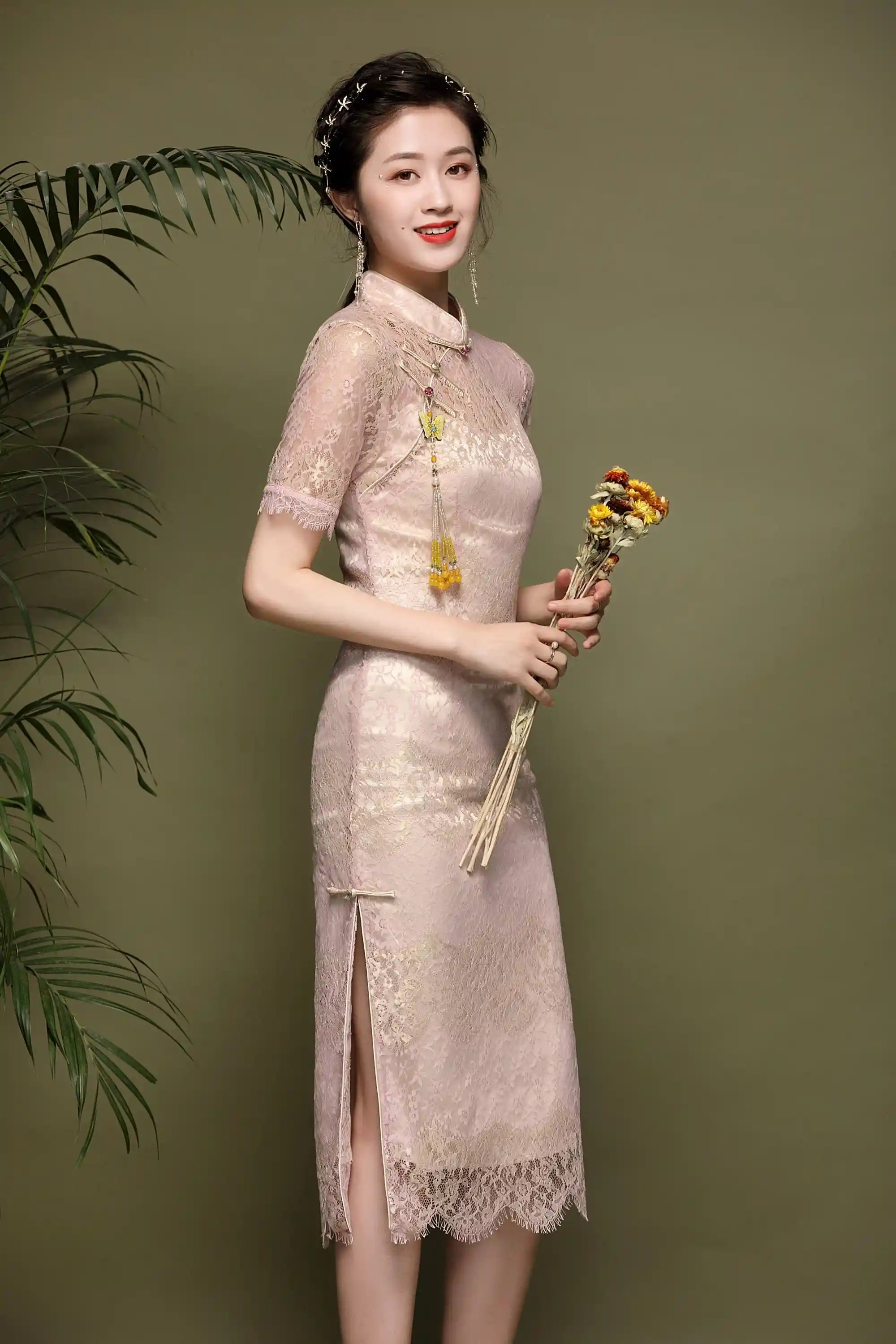 Pink Lace  Cheongsam Qipao Dress| Rose Gold