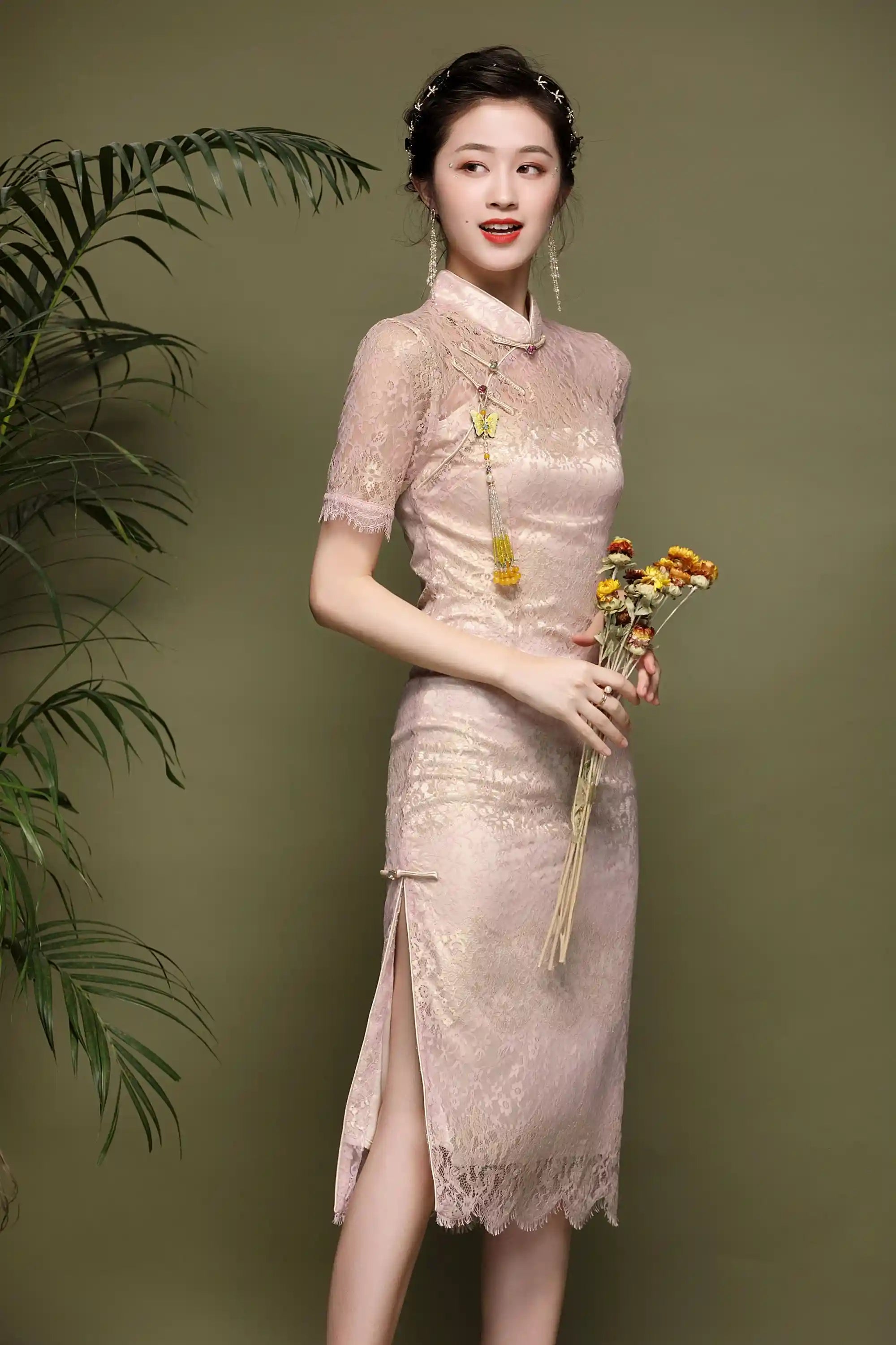 Pink Lace  Cheongsam Qipao Dress| Rose Gold