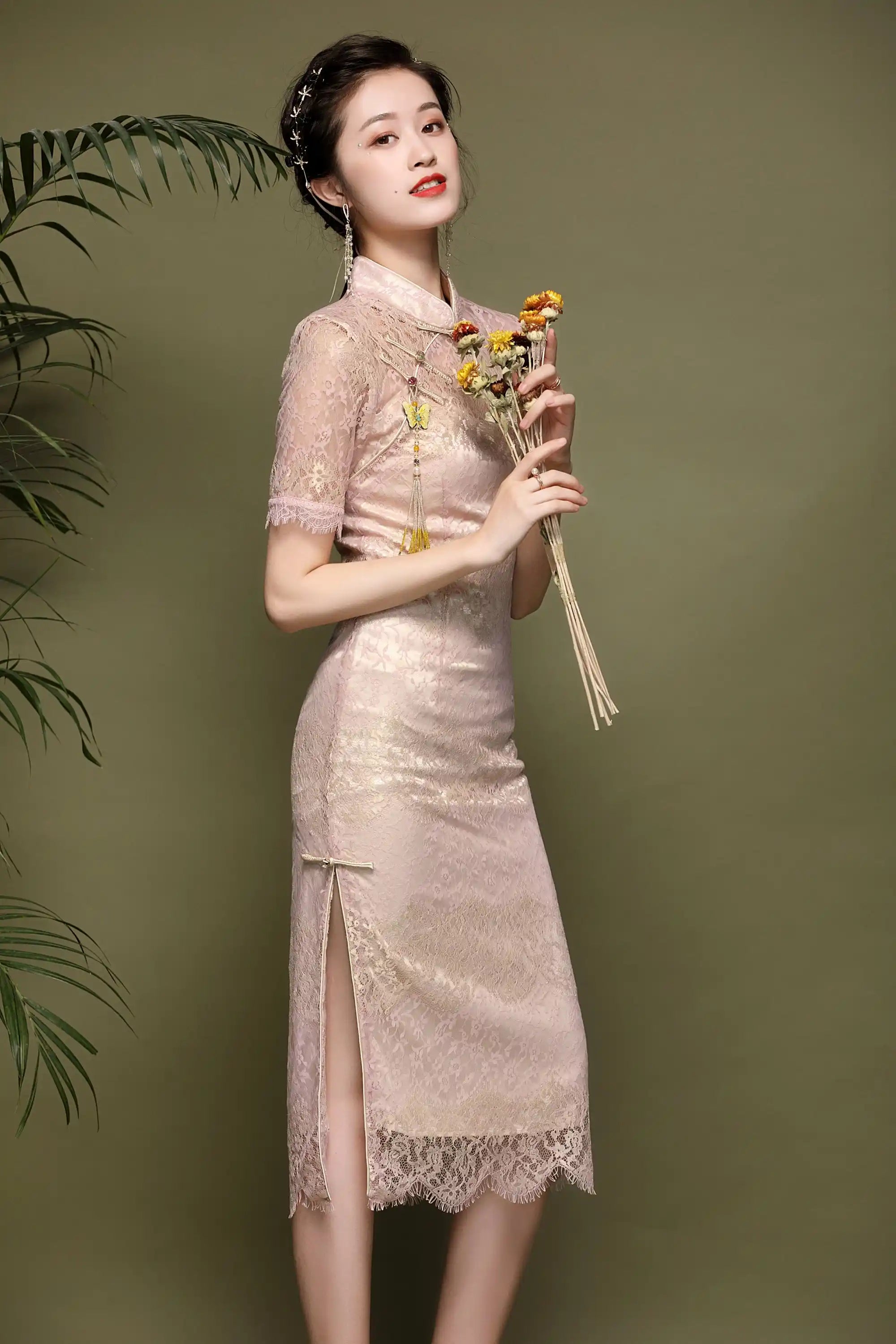 Pink Lace  Cheongsam Qipao Dress| Rose Gold