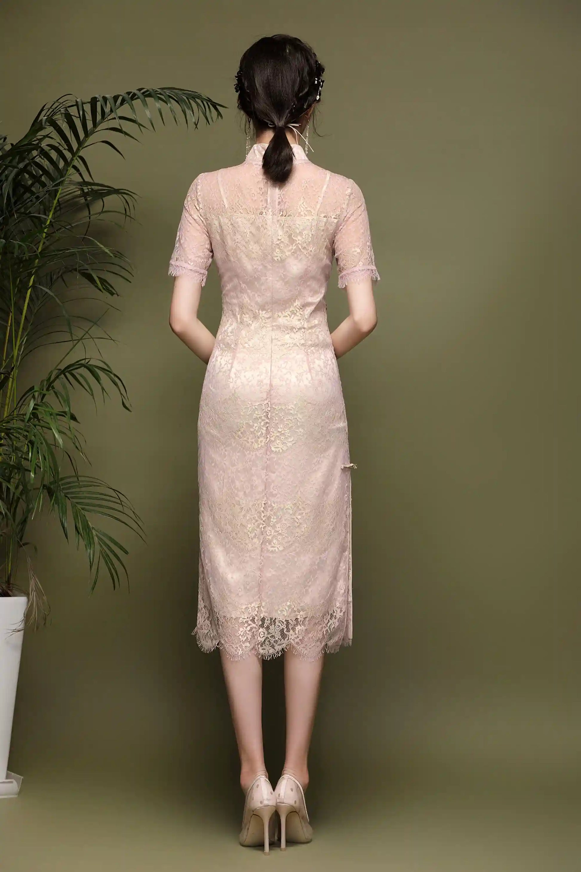 Pink Lace  Cheongsam Qipao Dress| Rose Gold