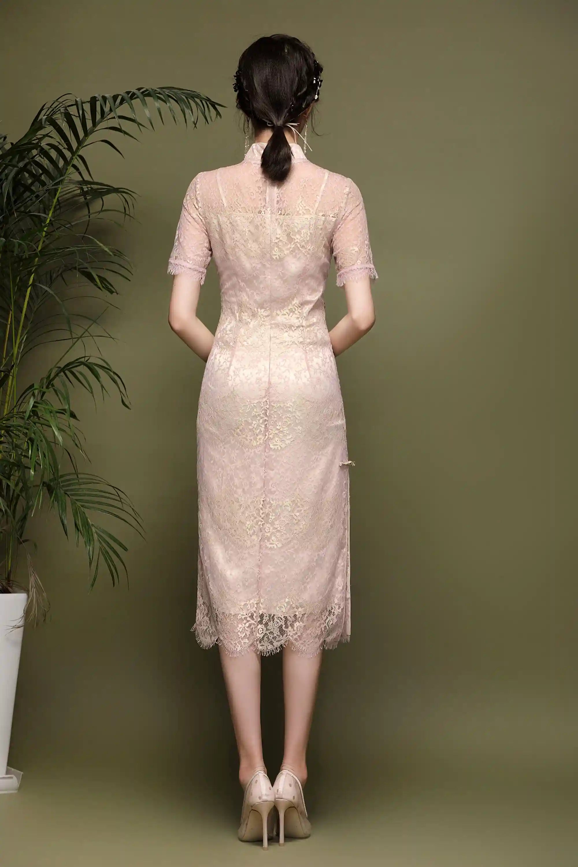 Pink Lace  Cheongsam Qipao Dress| Rose Gold