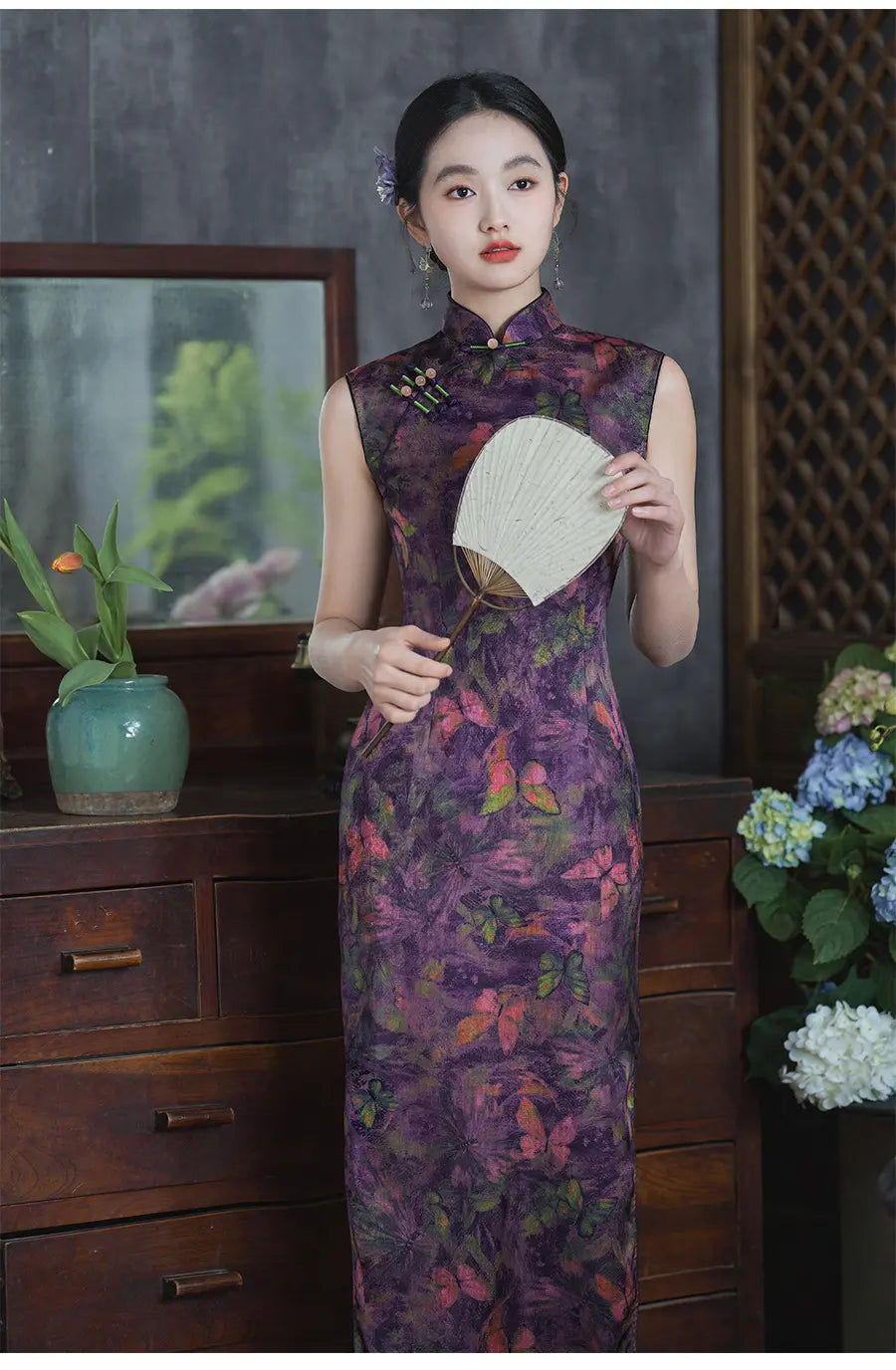 Purple Butterfly Print Sleeveless Qipao Cheongsam Dress