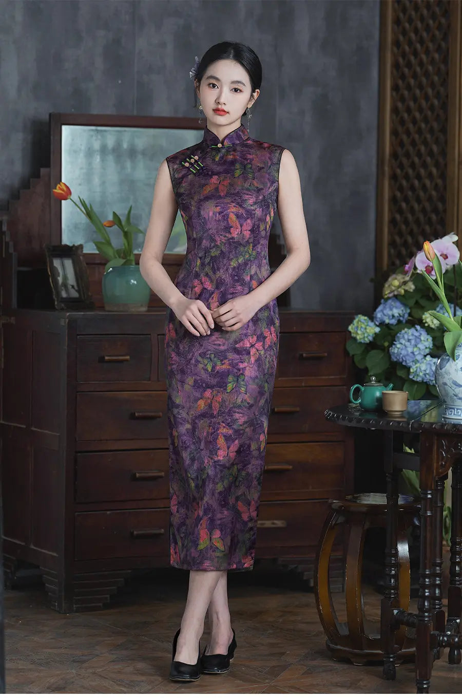 Purple Butterfly Print Sleeveless Qipao Cheongsam Dress