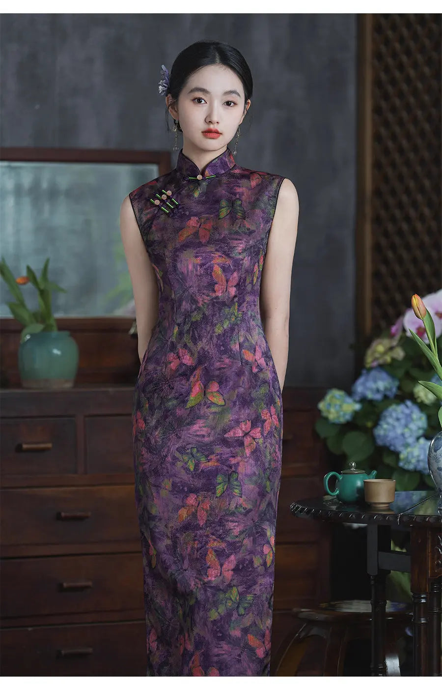 Purple Butterfly Print Sleeveless Qipao Cheongsam Dress