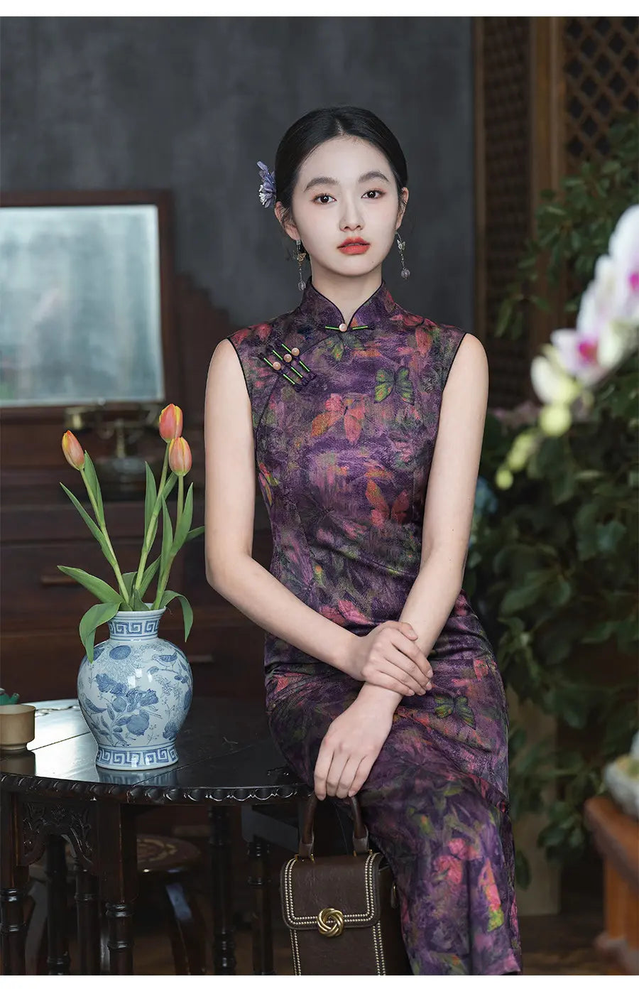 Purple Butterfly Print Sleeveless Qipao Cheongsam Dress