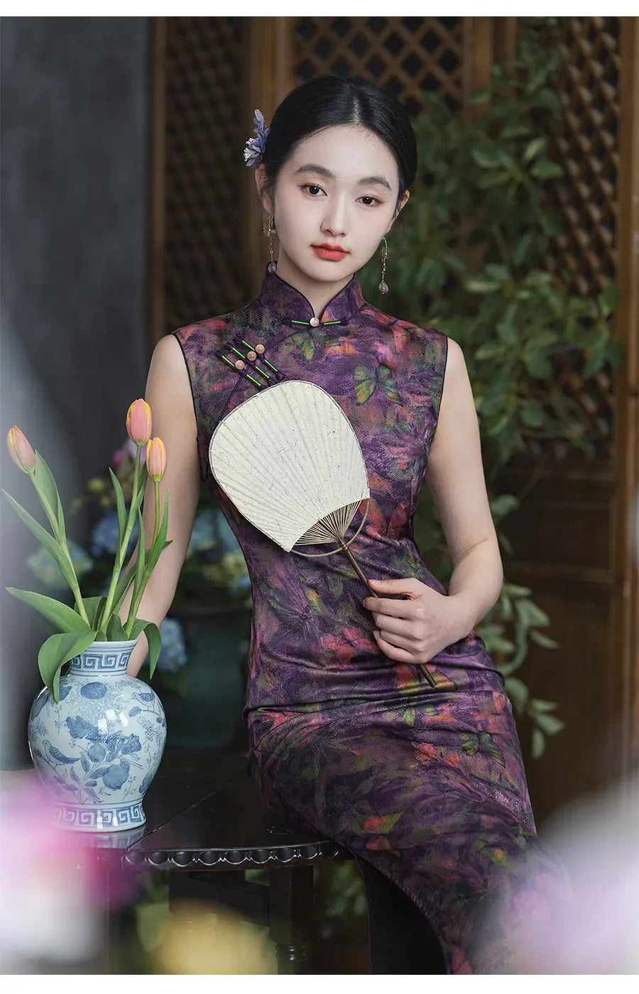 Purple Butterfly Print Sleeveless Qipao Cheongsam Dress