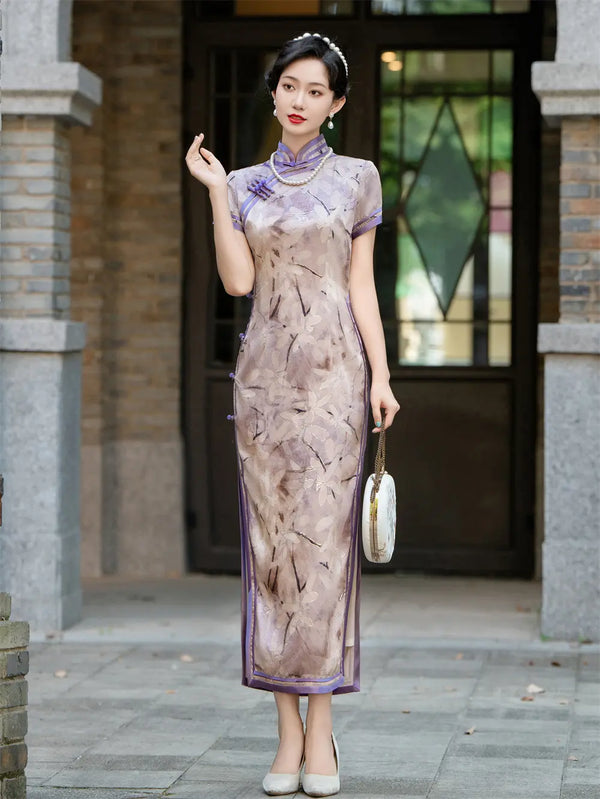 Purple Floral Print Short Sleeves Qipao With Sheer Trim