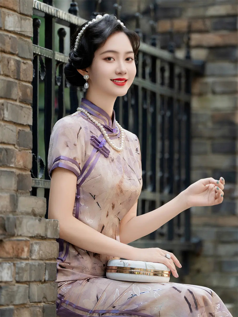 Purple Floral Print Short Sleeves Qipao With Sheer Trim