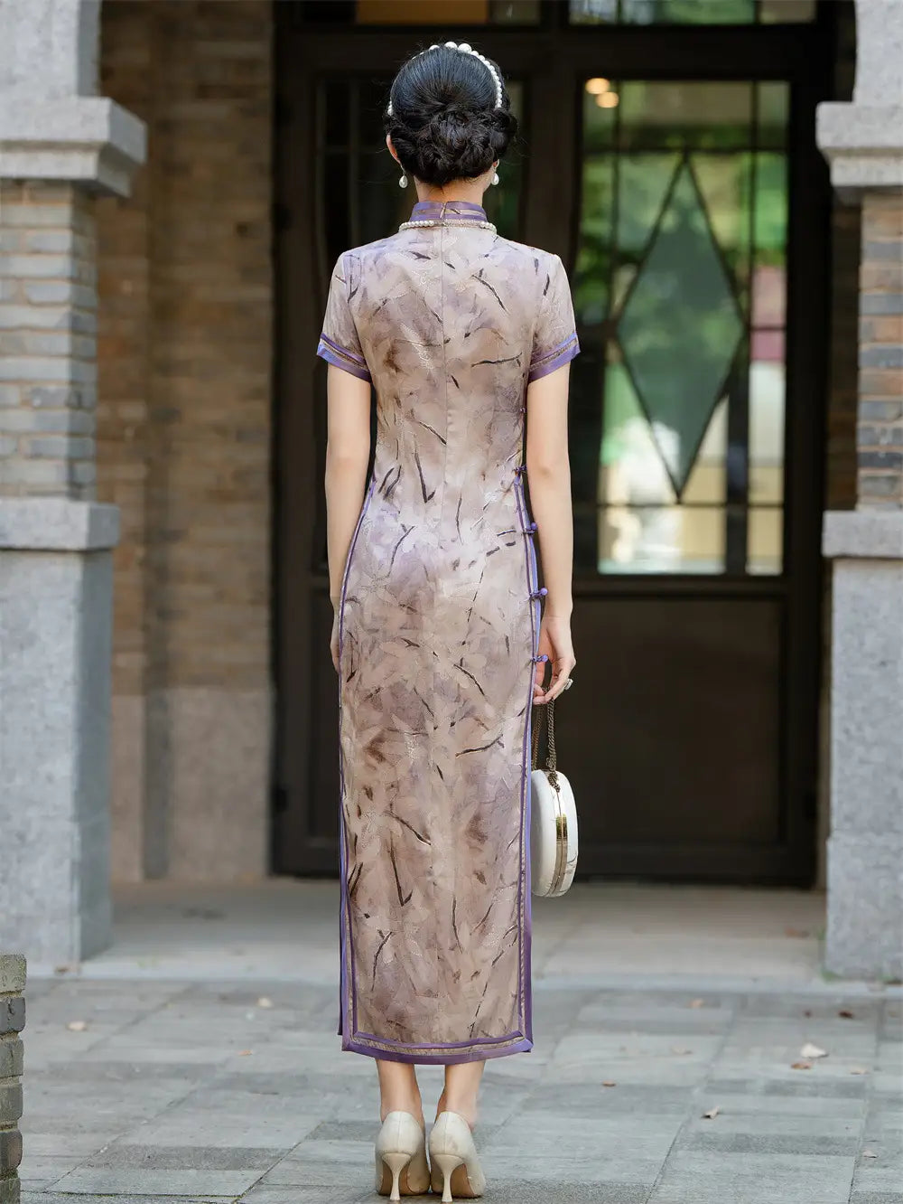 Purple Floral Print Short Sleeves Qipao With Sheer Trim