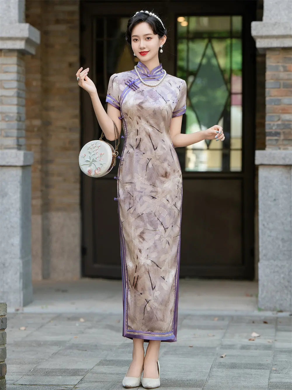 Purple Floral Print Short Sleeves Qipao With Sheer Trim