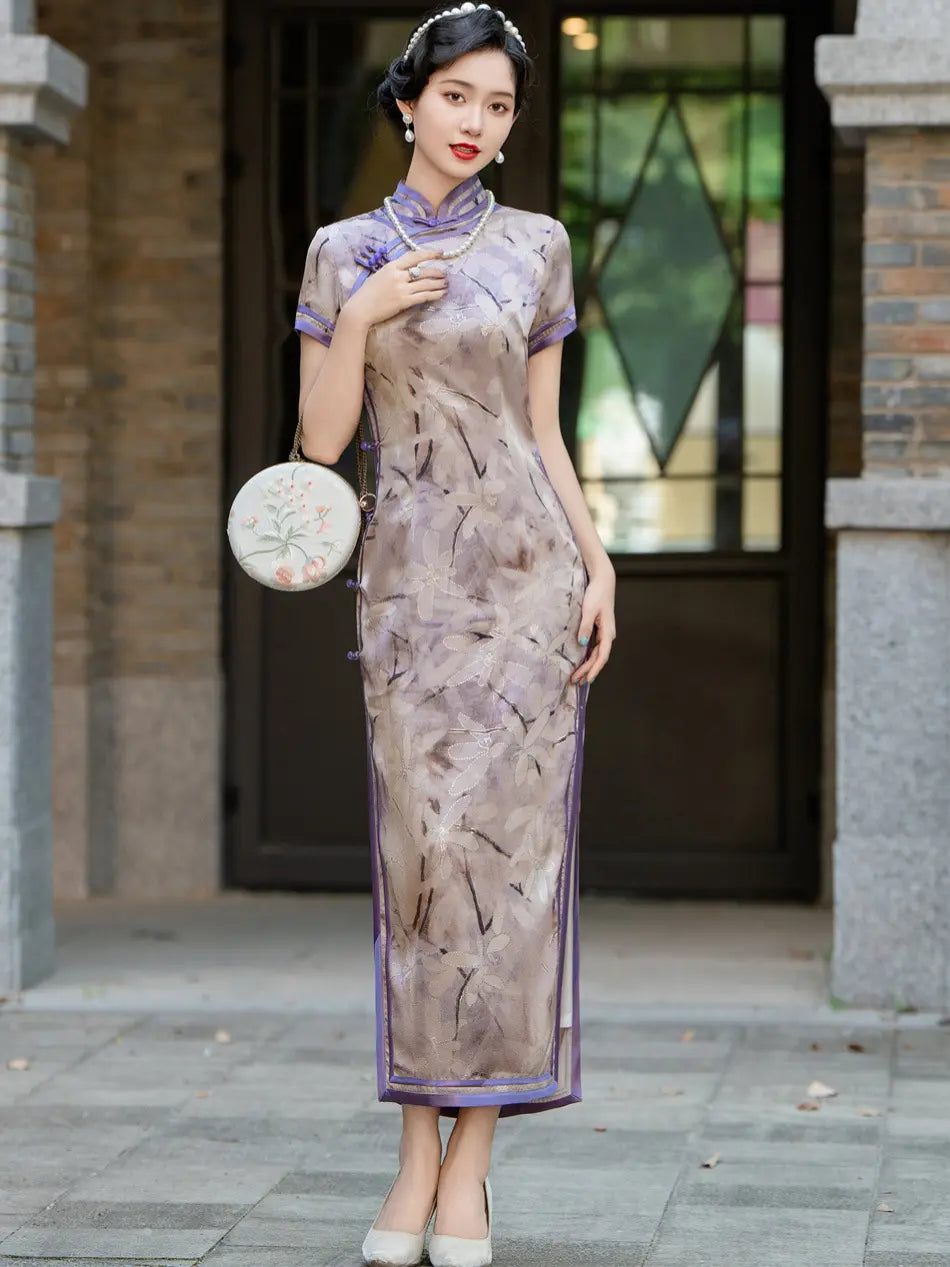Purple Floral Print Short Sleeves Qipao With Sheer Trim