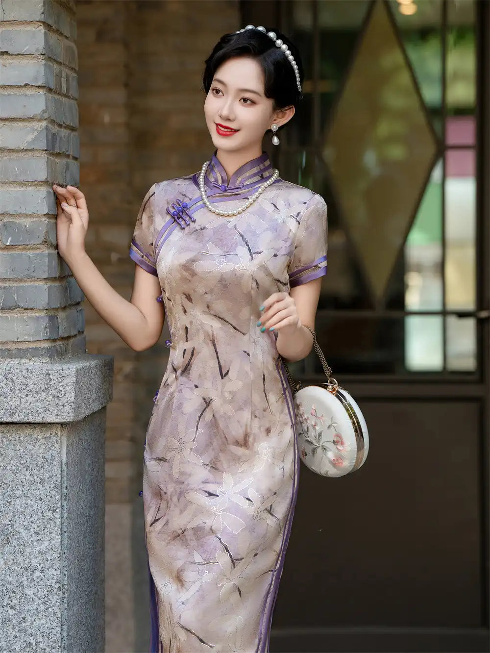 Purple Floral Print Short Sleeves Qipao cheongsam dress