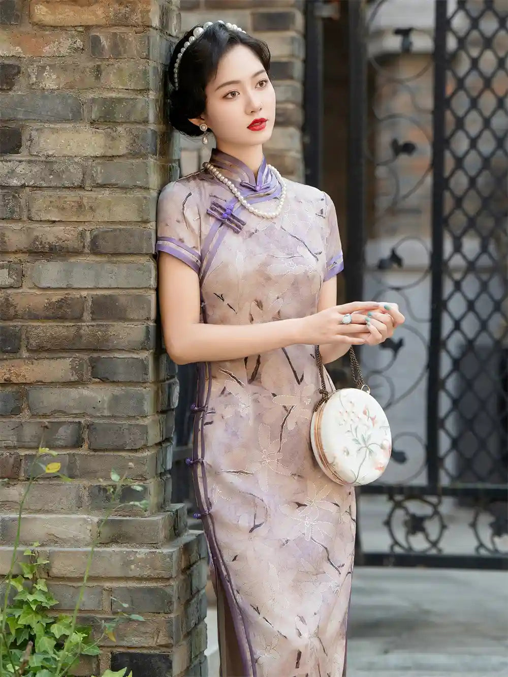 Purple Floral Print Short Sleeves Qipao cheongsam dress