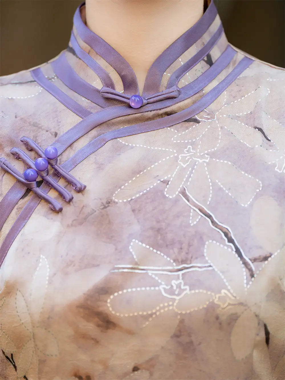 Purple Floral Print Short Sleeves Qipao cheongsam dress
