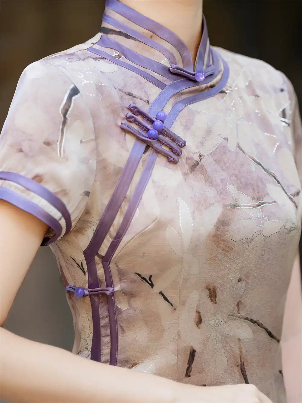 Purple Floral Print Short Sleeves Qipao cheongsam dress