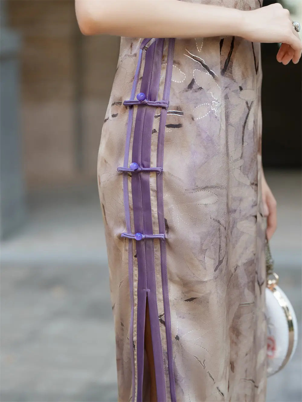 Purple Floral Print Short Sleeves Qipao cheongsam dress