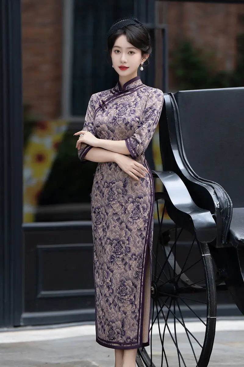 Purple Long Sleeves Peony Flower Qipao cheongsam Dress