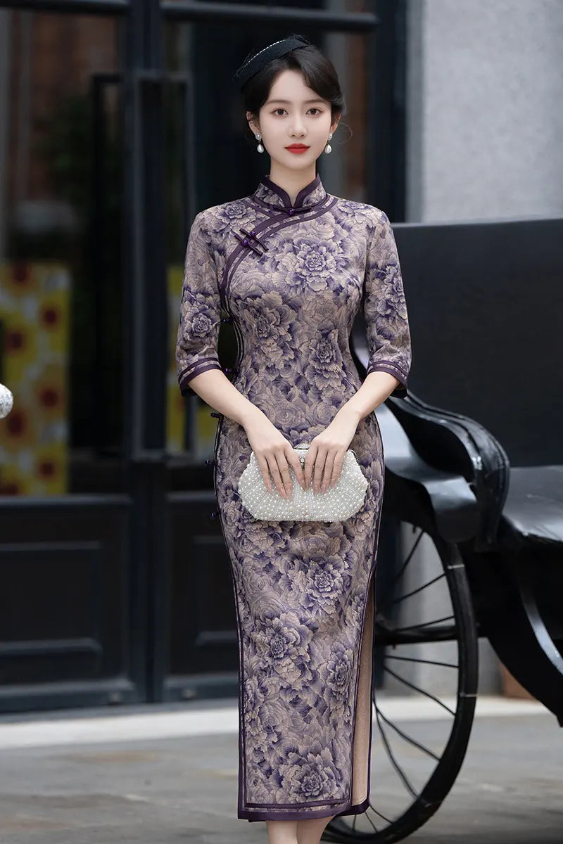 Purple Long Sleeves Peony Flower Qipao cheongsam Dress